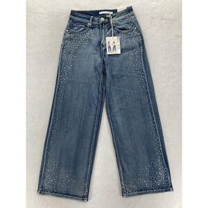 9th & Main Jeans Womens 6 Blue High Rise Wide Leg Rhinestone Embellished Denim